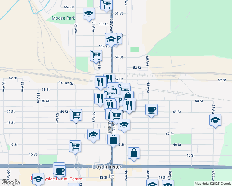 map of restaurants, bars, coffee shops, grocery stores, and more near 4910 50 Street in Lloydminster