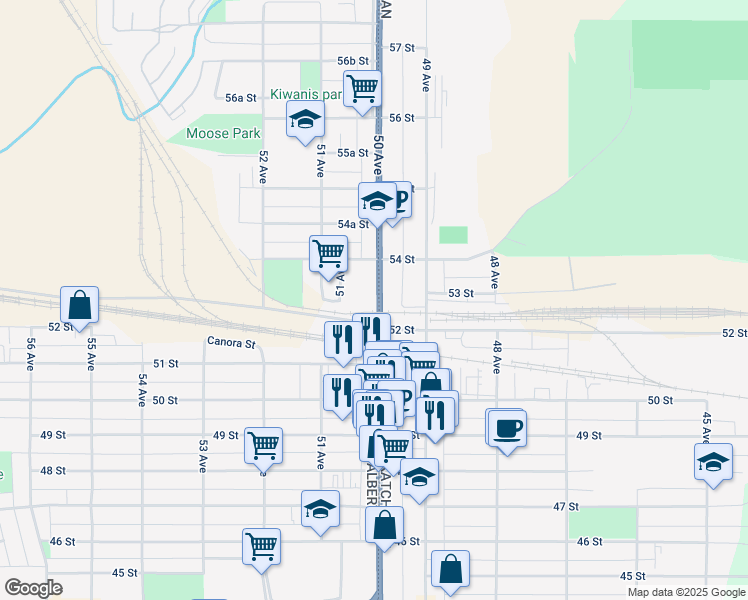 map of restaurants, bars, coffee shops, grocery stores, and more near 5294 50 Avenue in Lloydminster