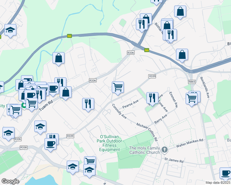 map of restaurants, bars, coffee shops, grocery stores, and more near Monivea Road in Galway
