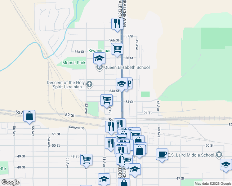 map of restaurants, bars, coffee shops, grocery stores, and more near 5014 54 Street in Lloydminster