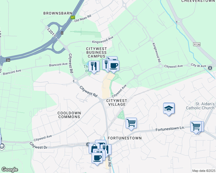 map of restaurants, bars, coffee shops, grocery stores, and more near 14 Riverwalk in Dublin