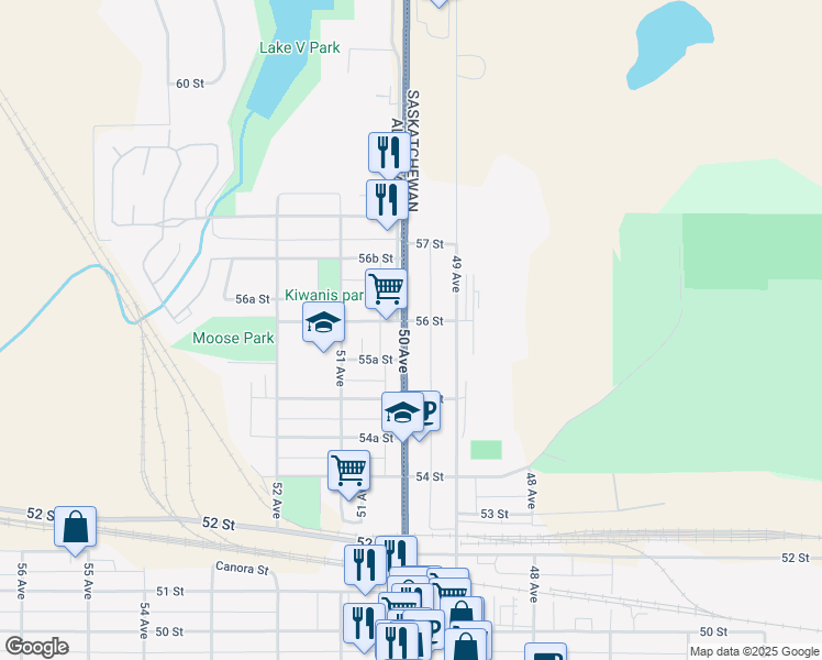 map of restaurants, bars, coffee shops, grocery stores, and more near 5539 50 Avenue in Lloydminster