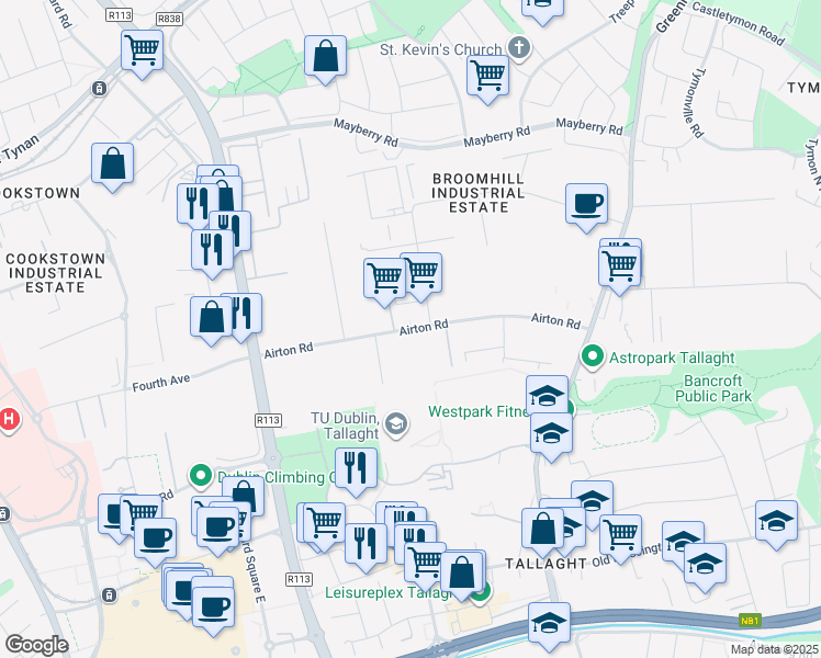 map of restaurants, bars, coffee shops, grocery stores, and more near Airton Road in Dublin
