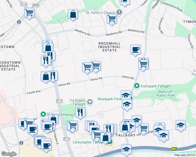 map of restaurants, bars, coffee shops, grocery stores, and more near Airton Road in Dublin