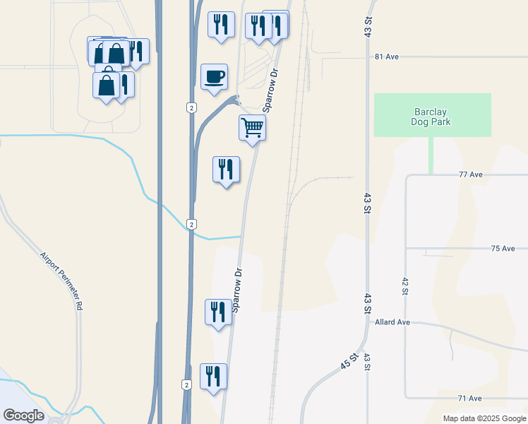 map of restaurants, bars, coffee shops, grocery stores, and more near 7611 Sparrow Drive in Leduc