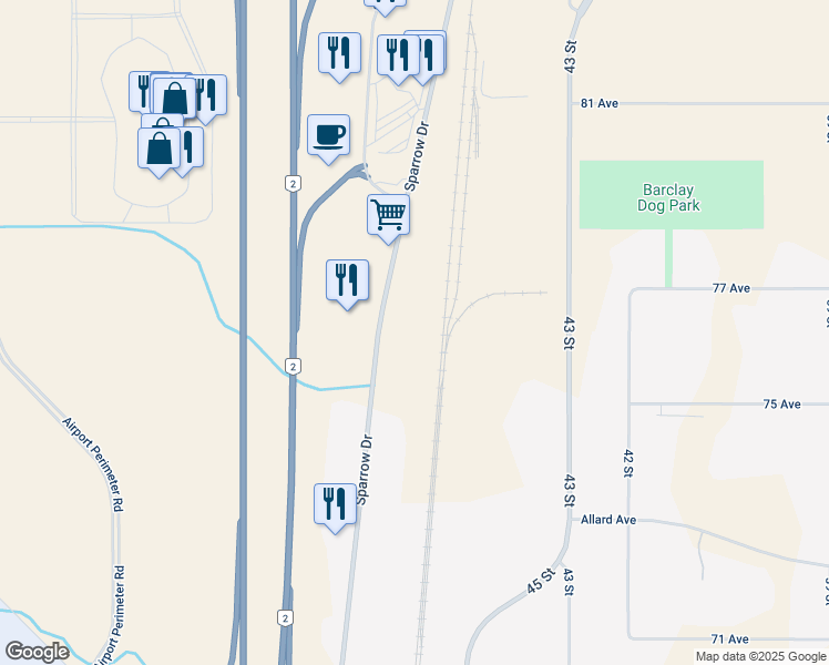 map of restaurants, bars, coffee shops, grocery stores, and more near 7611 Sparrow Drive in Leduc
