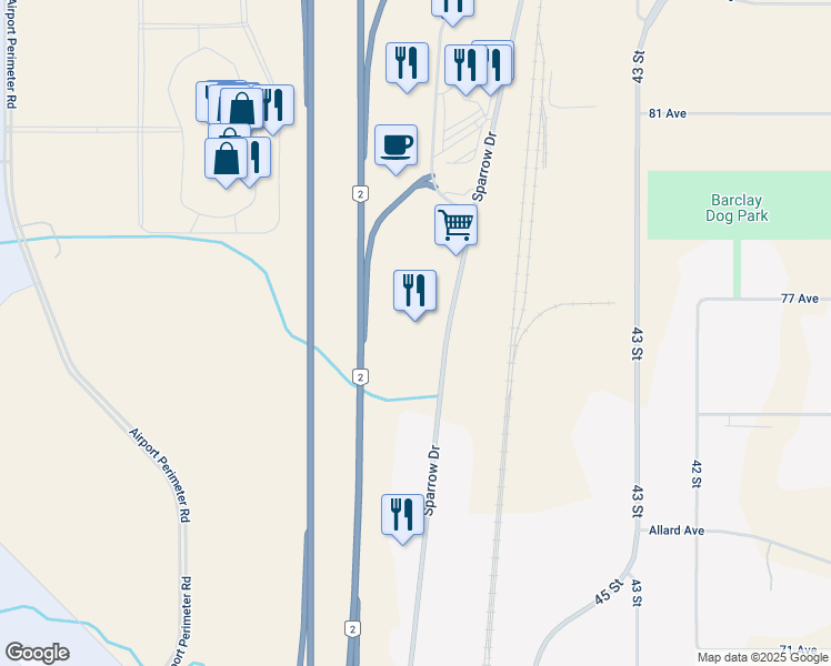 map of restaurants, bars, coffee shops, grocery stores, and more near 7712 Sparrow Drive in Leduc