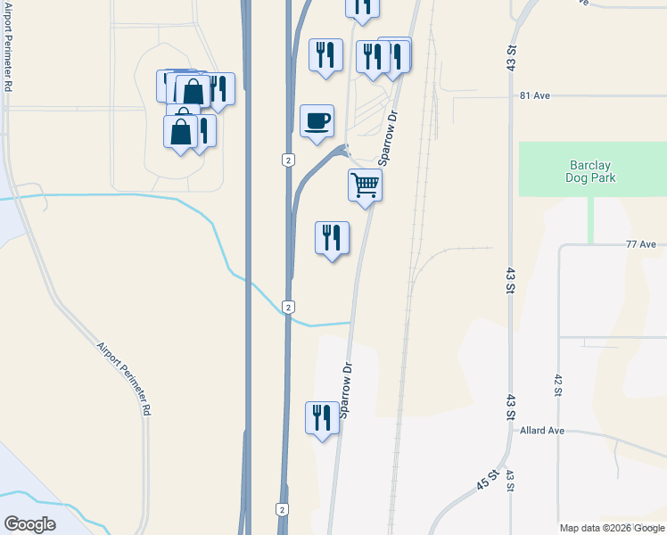 map of restaurants, bars, coffee shops, grocery stores, and more near 7712 Sparrow Drive in Leduc