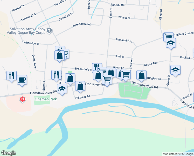 map of restaurants, bars, coffee shops, grocery stores, and more near 176 Hamilton River Road in Happy Valley-Goose Bay