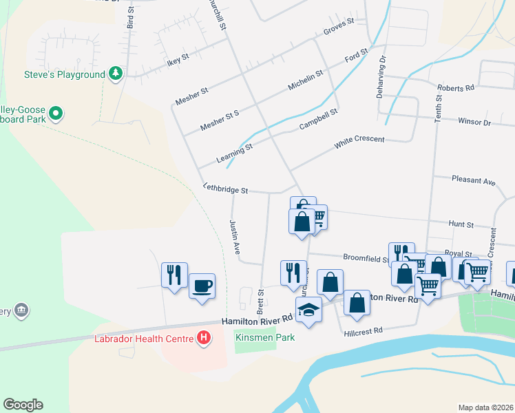map of restaurants, bars, coffee shops, grocery stores, and more near 11-13 Churchill Street in Happy Valley-Goose Bay