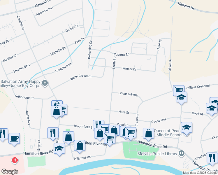 map of restaurants, bars, coffee shops, grocery stores, and more near 34 White Crescent in Happy Valley-Goose Bay