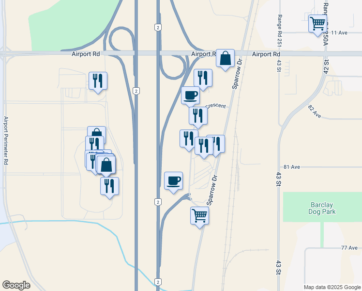 map of restaurants, bars, coffee shops, grocery stores, and more near 8120 Sparrow Crescent in Leduc
