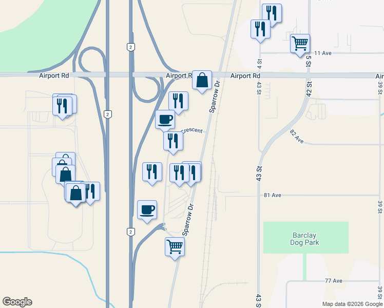 map of restaurants, bars, coffee shops, grocery stores, and more near 8230 Sparrow Drive in Leduc