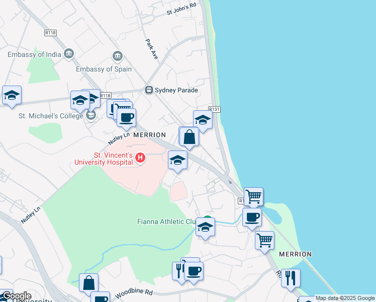 map of restaurants, bars, coffee shops, grocery stores, and more near 230 Merrion Road in Dublin