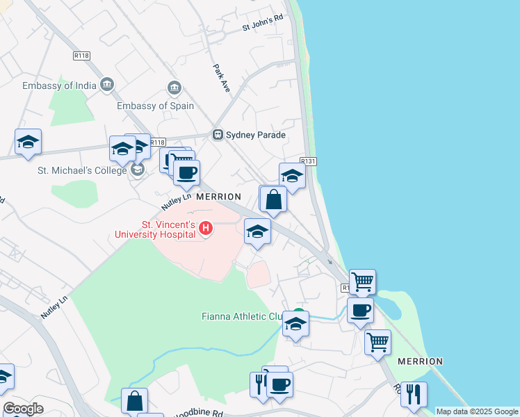 map of restaurants, bars, coffee shops, grocery stores, and more near 230 Merrion Road in Dublin