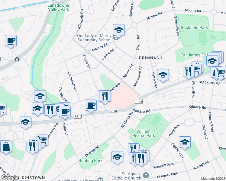map of restaurants, bars, coffee shops, grocery stores, and more near 105 Dromard Road in Drimnagh