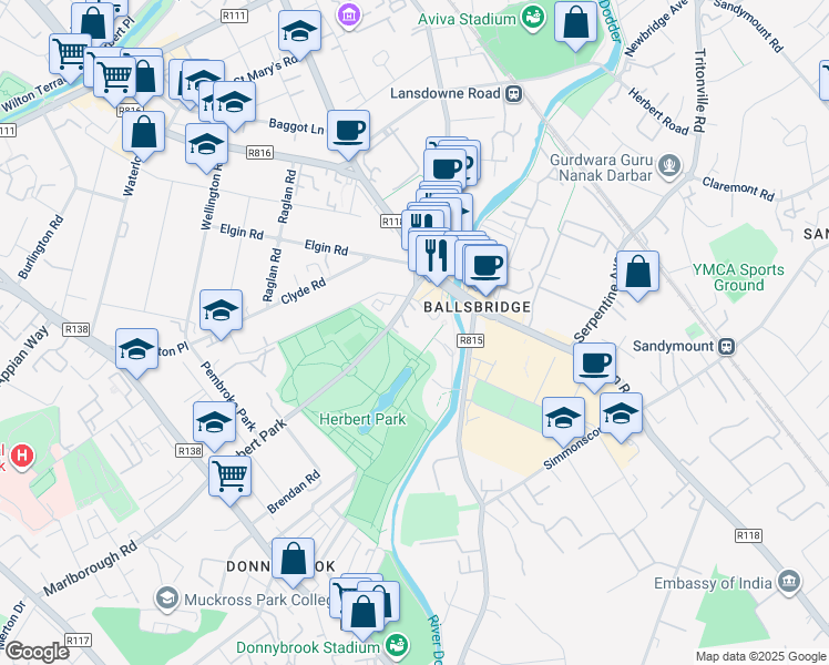 map of restaurants, bars, coffee shops, grocery stores, and more near 10 Pembroke Place in Dublin