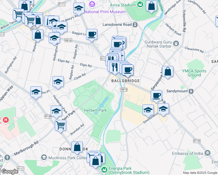 map of restaurants, bars, coffee shops, grocery stores, and more near 10 Pembroke Place in Dublin