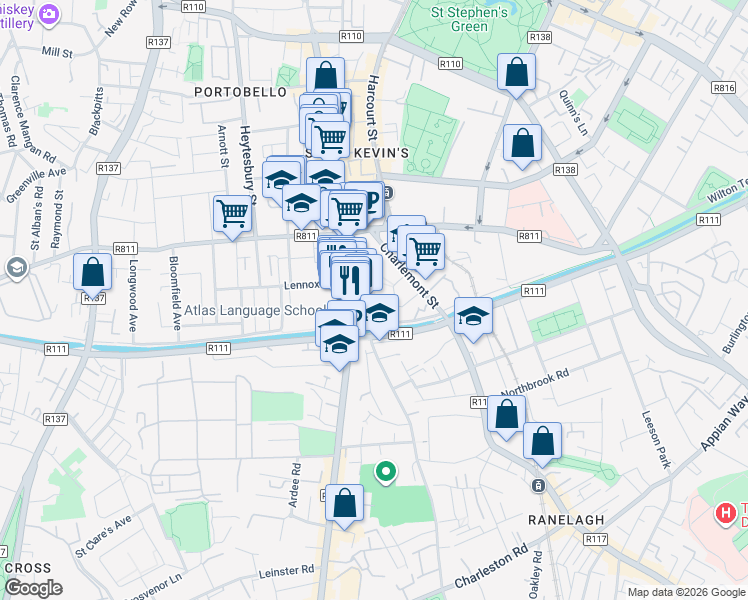 map of restaurants, bars, coffee shops, grocery stores, and more near 1 Charlemont Square in Dublin