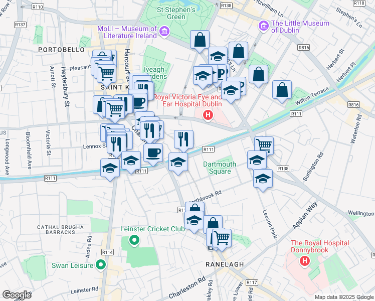 map of restaurants, bars, coffee shops, grocery stores, and more near 55 Charlemont Place in Dublin