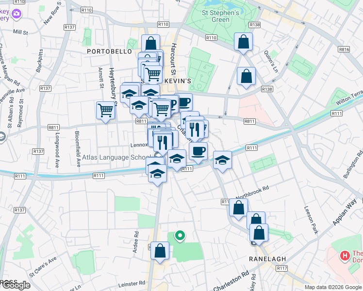 map of restaurants, bars, coffee shops, grocery stores, and more near 1 Charlemont Square in Dublin