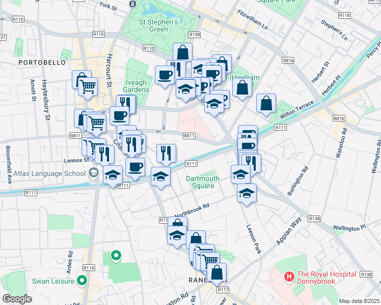 map of restaurants, bars, coffee shops, grocery stores, and more near 55 Charlemont Place in Dublin