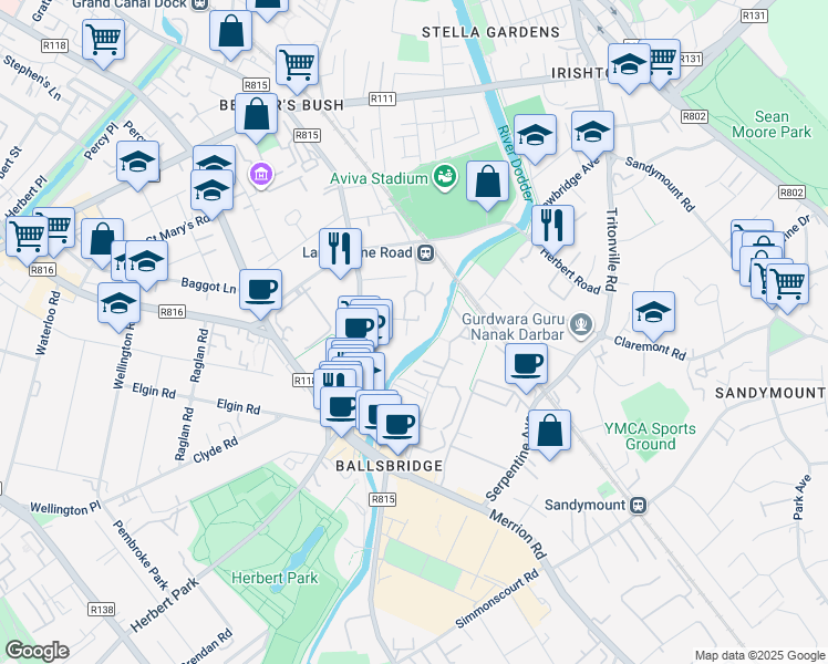 map of restaurants, bars, coffee shops, grocery stores, and more near 2 Shelbourne Road in Dublin