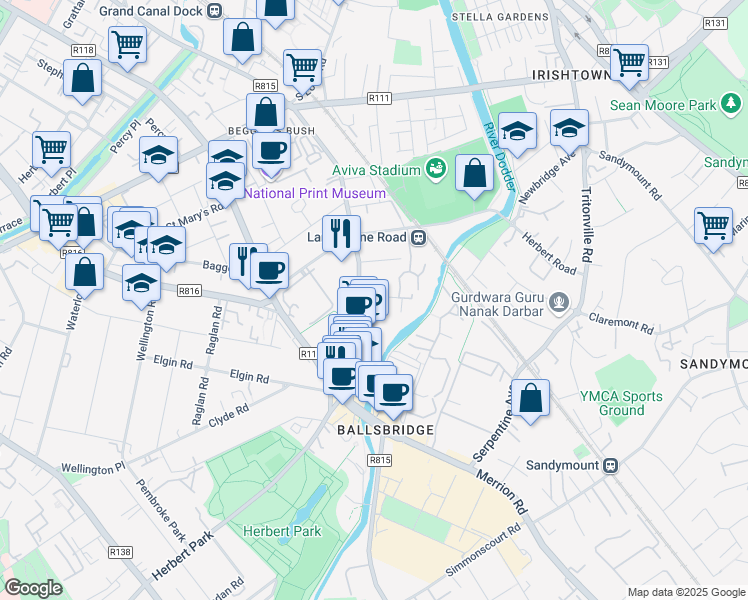 map of restaurants, bars, coffee shops, grocery stores, and more near 2 Shelbourne Road in Dublin