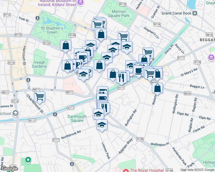 map of restaurants, bars, coffee shops, grocery stores, and more near Wilton Terrace in Dublin