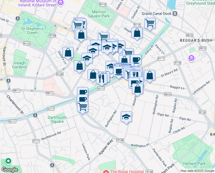 map of restaurants, bars, coffee shops, grocery stores, and more near 45 Mespil Road in Dublin