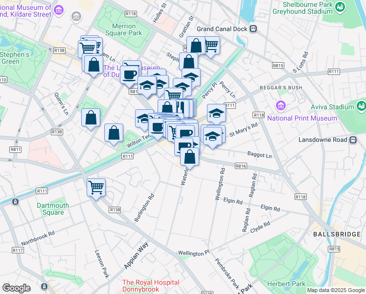 map of restaurants, bars, coffee shops, grocery stores, and more near 27 Baggot Street Upper in Dublin