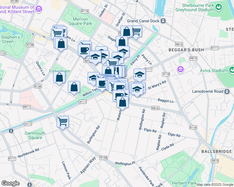 map of restaurants, bars, coffee shops, grocery stores, and more near 27 Baggot Street Upper in Dublin
