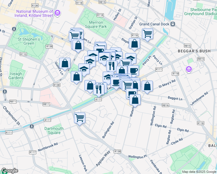 map of restaurants, bars, coffee shops, grocery stores, and more near 1 Wilton Place in Dublin