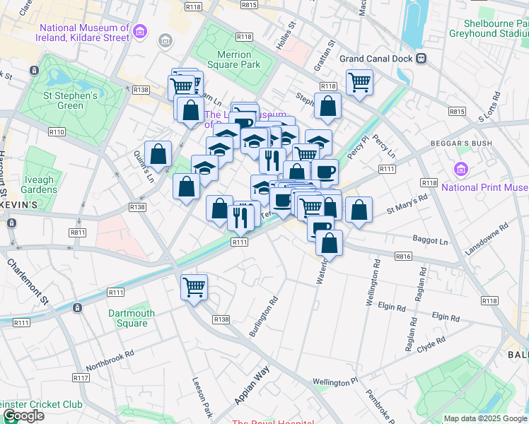 map of restaurants, bars, coffee shops, grocery stores, and more near 1 Wilton Place in Dublin