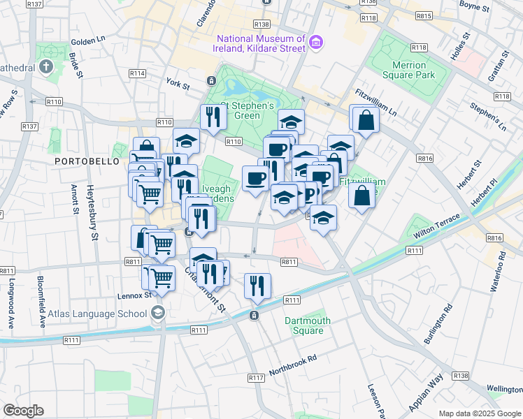 map of restaurants, bars, coffee shops, grocery stores, and more near Earlsfort Terrace in Dublin