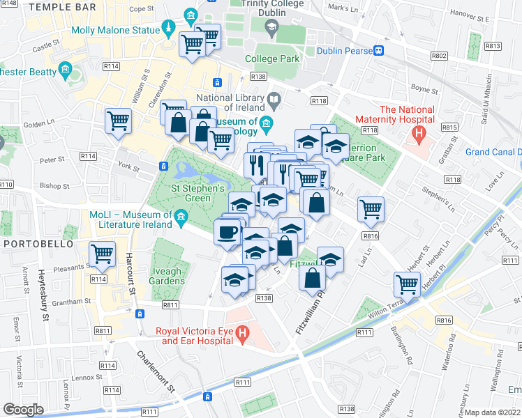 map of restaurants, bars, coffee shops, grocery stores, and more near 2 Hume Street in Dublin