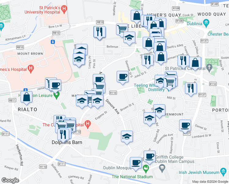 map of restaurants, bars, coffee shops, grocery stores, and more near Cork Street in Dublin