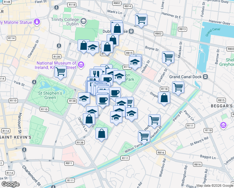 map of restaurants, bars, coffee shops, grocery stores, and more near 66 Fitzwilliam Lane in Dublin