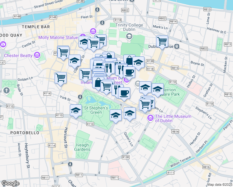 map of restaurants, bars, coffee shops, grocery stores, and more near 17 Kildare Street in Dublin