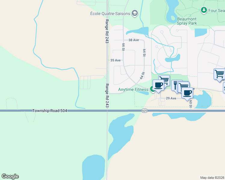 map of restaurants, bars, coffee shops, grocery stores, and more near 4708 67 Street in Beaumont