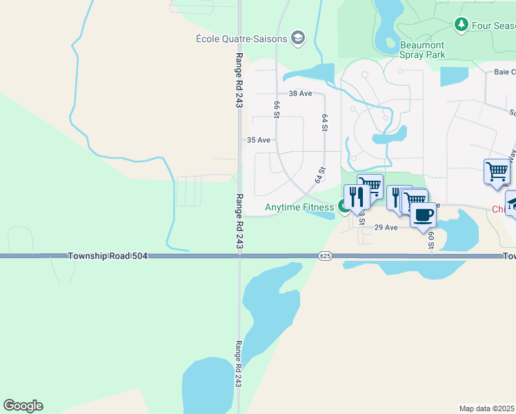 map of restaurants, bars, coffee shops, grocery stores, and more near 6701 31 Avenue in Beaumont