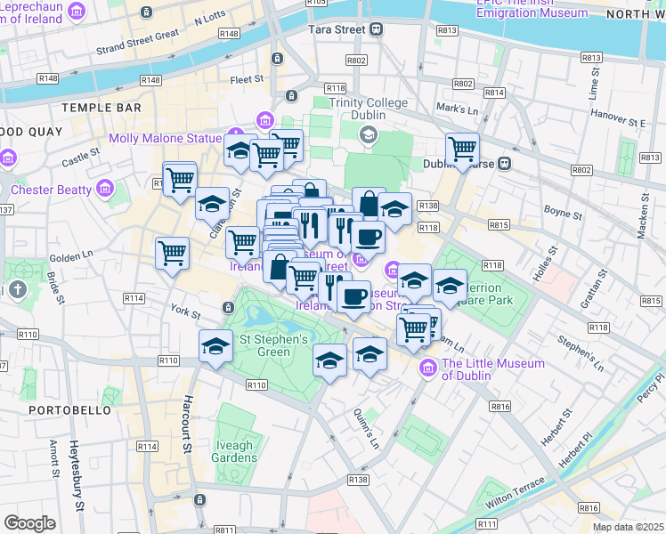 map of restaurants, bars, coffee shops, grocery stores, and more near in Dublin