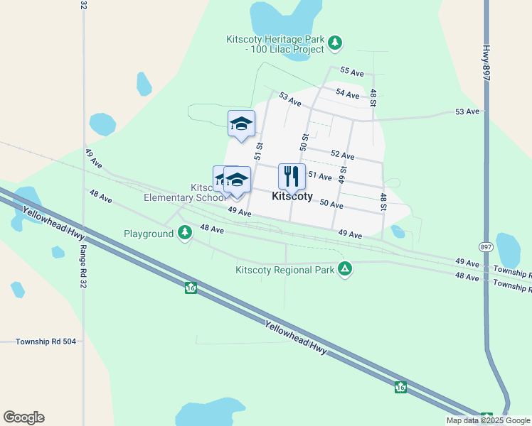 map of restaurants, bars, coffee shops, grocery stores, and more near 5018 49 Avenue in Kitscoty