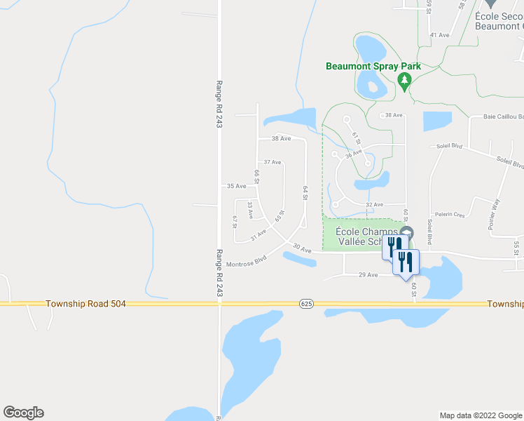 map of restaurants, bars, coffee shops, grocery stores, and more near 3701 66 Street in Beaumont