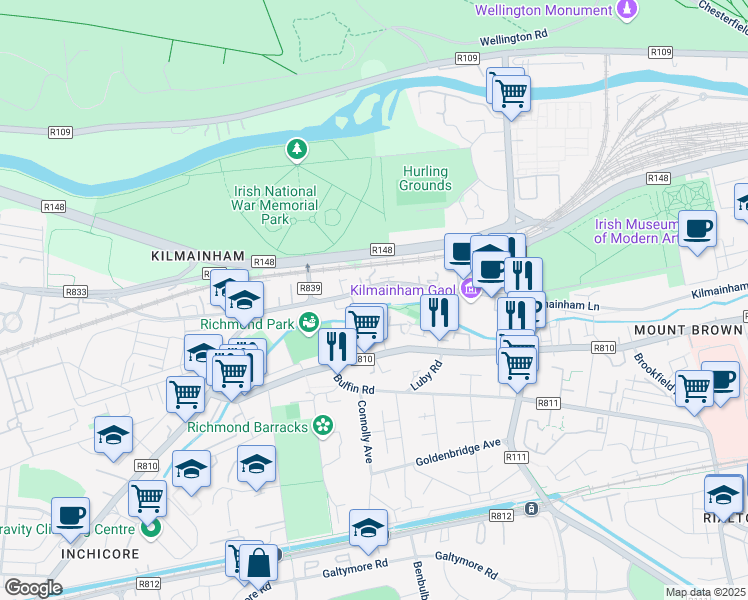 map of restaurants, bars, coffee shops, grocery stores, and more near Inchicore Road in Dublin
