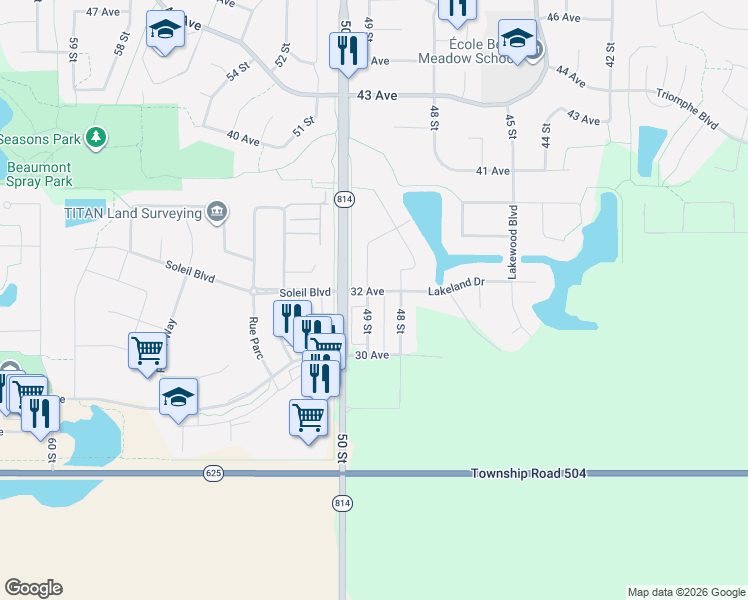map of restaurants, bars, coffee shops, grocery stores, and more near 3208 47 Street in Beaumont