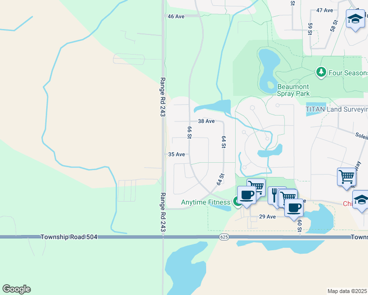 map of restaurants, bars, coffee shops, grocery stores, and more near 3701 66 Street in Beaumont