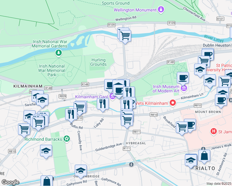 map of restaurants, bars, coffee shops, grocery stores, and more near Inchicore Road in Dublin