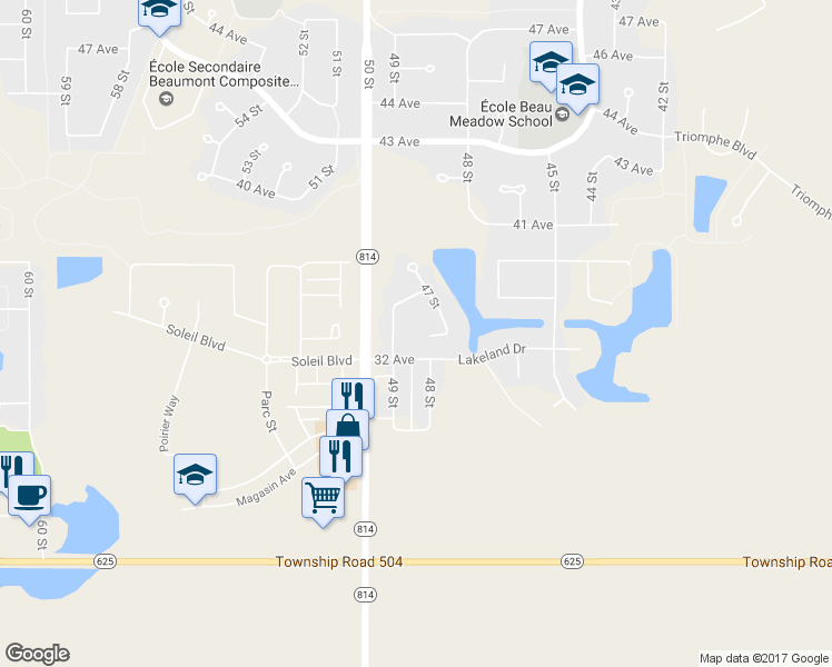 map of restaurants, bars, coffee shops, grocery stores, and more near 3208 47 Street in Beaumont
