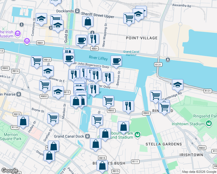 map of restaurants, bars, coffee shops, grocery stores, and more near Hanover Quay in Dublin